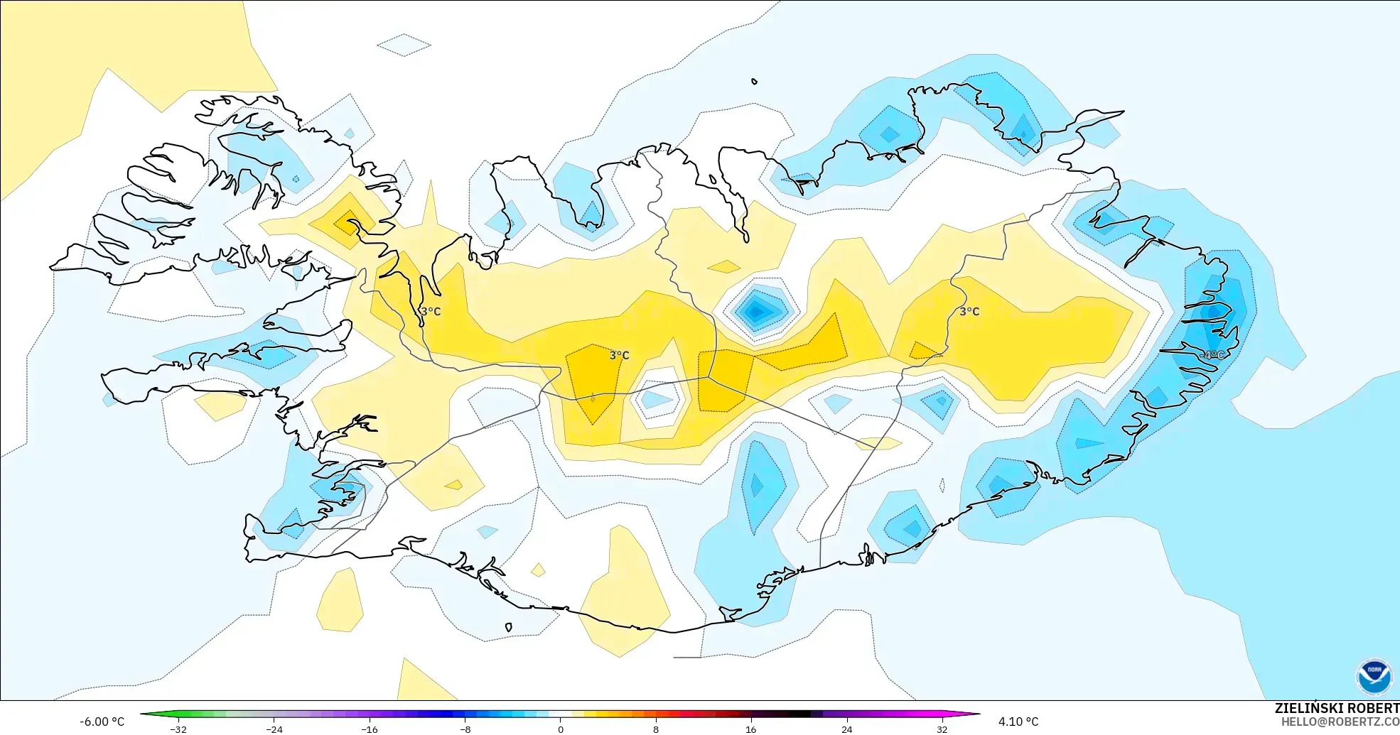 GFS modelo - Islandia, Anomalía de temperatura a 2 m