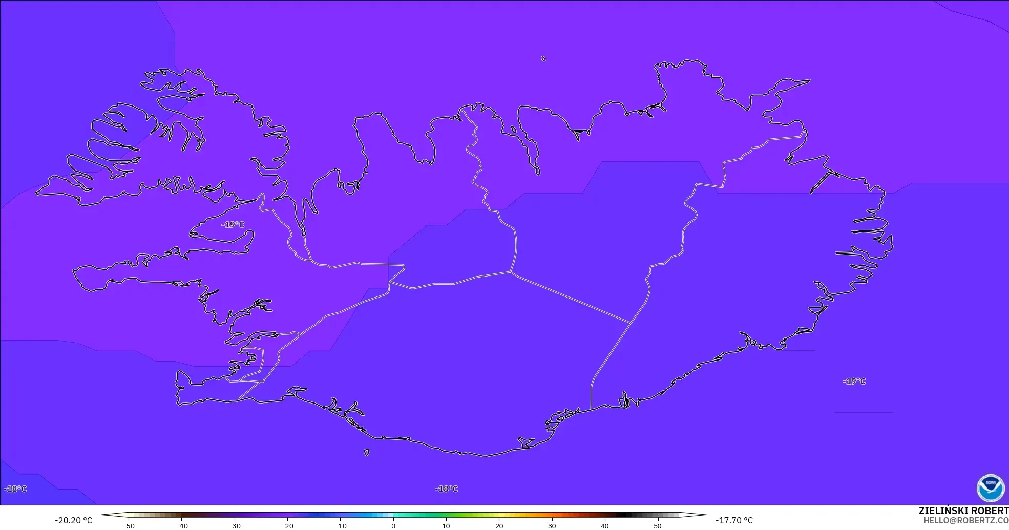 GFS modelo - Islandia, Temperatura a 500 hPa