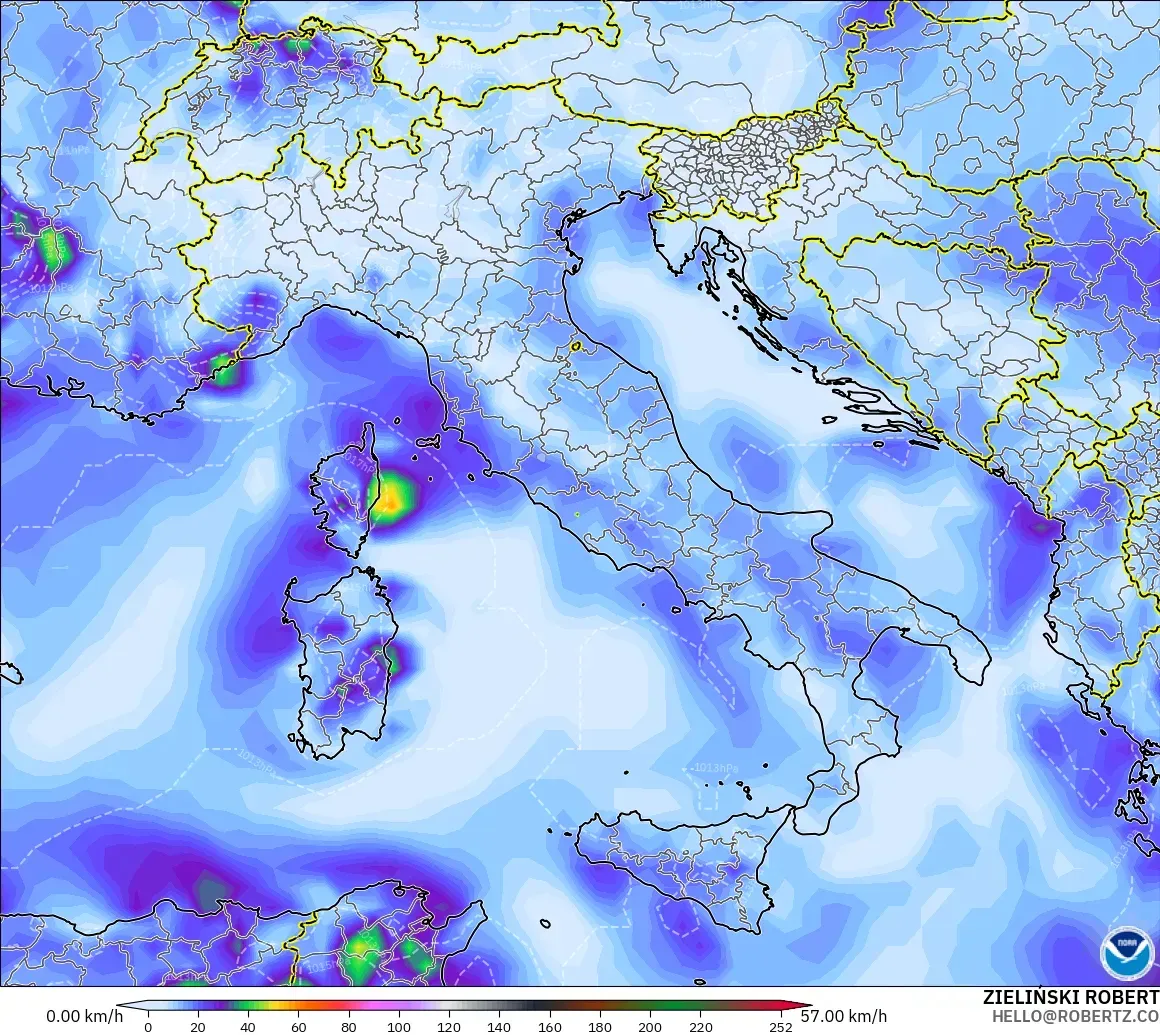 GFS modelo - Italia, Ráfagas de Viento Máximas