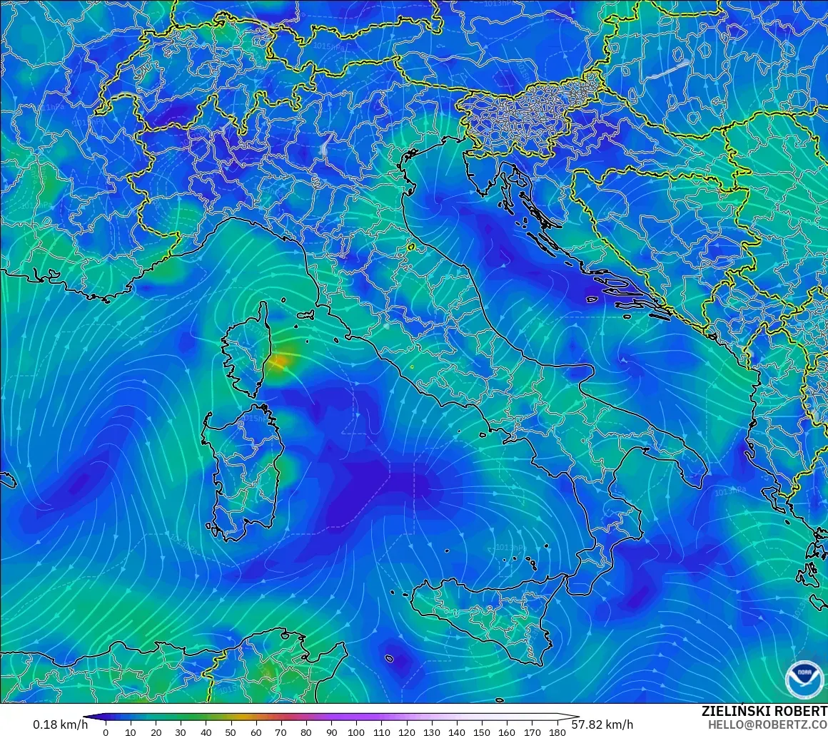 GFS modelo - Italia, Viento a 10 m