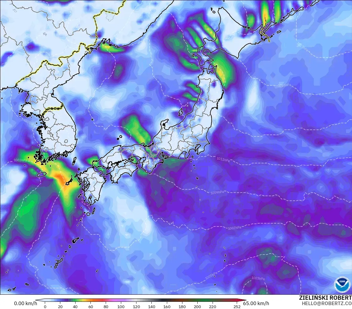 GFS modelo - Japón, Ráfagas de Viento Máximas
