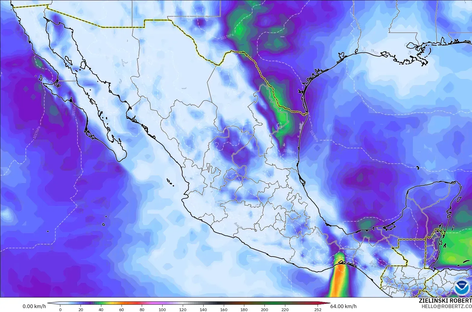 GFS modelo - México, Ráfagas de Viento Máximas