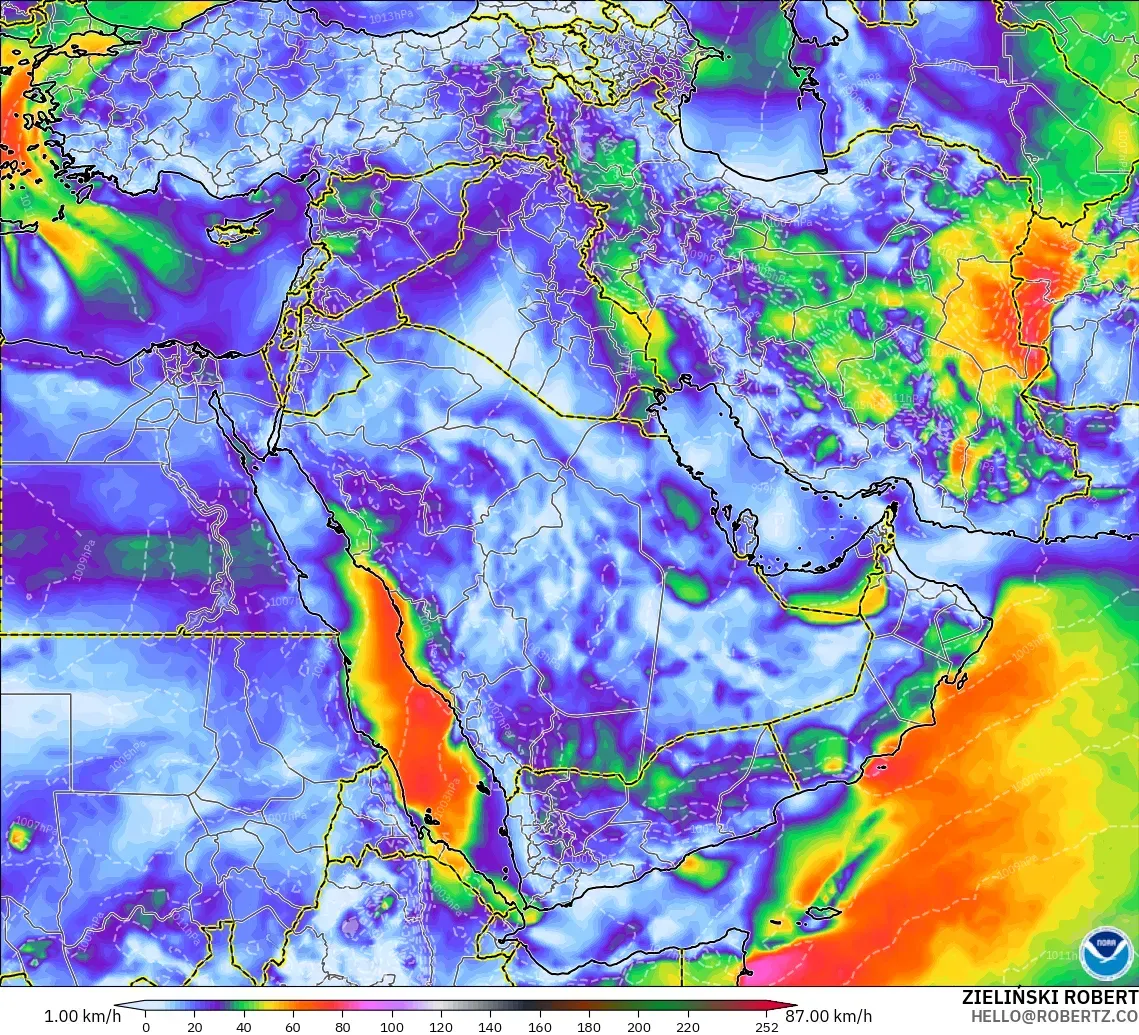GFS modelo - Oriente Medio, Ráfagas de viento