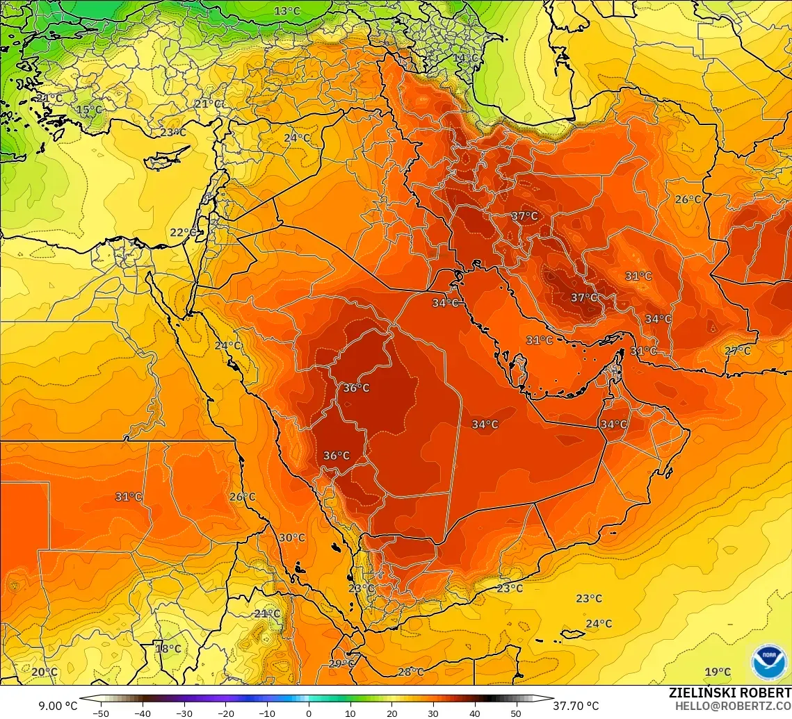 GFS modelo - Oriente Medio, Temperatura a 850 hPa