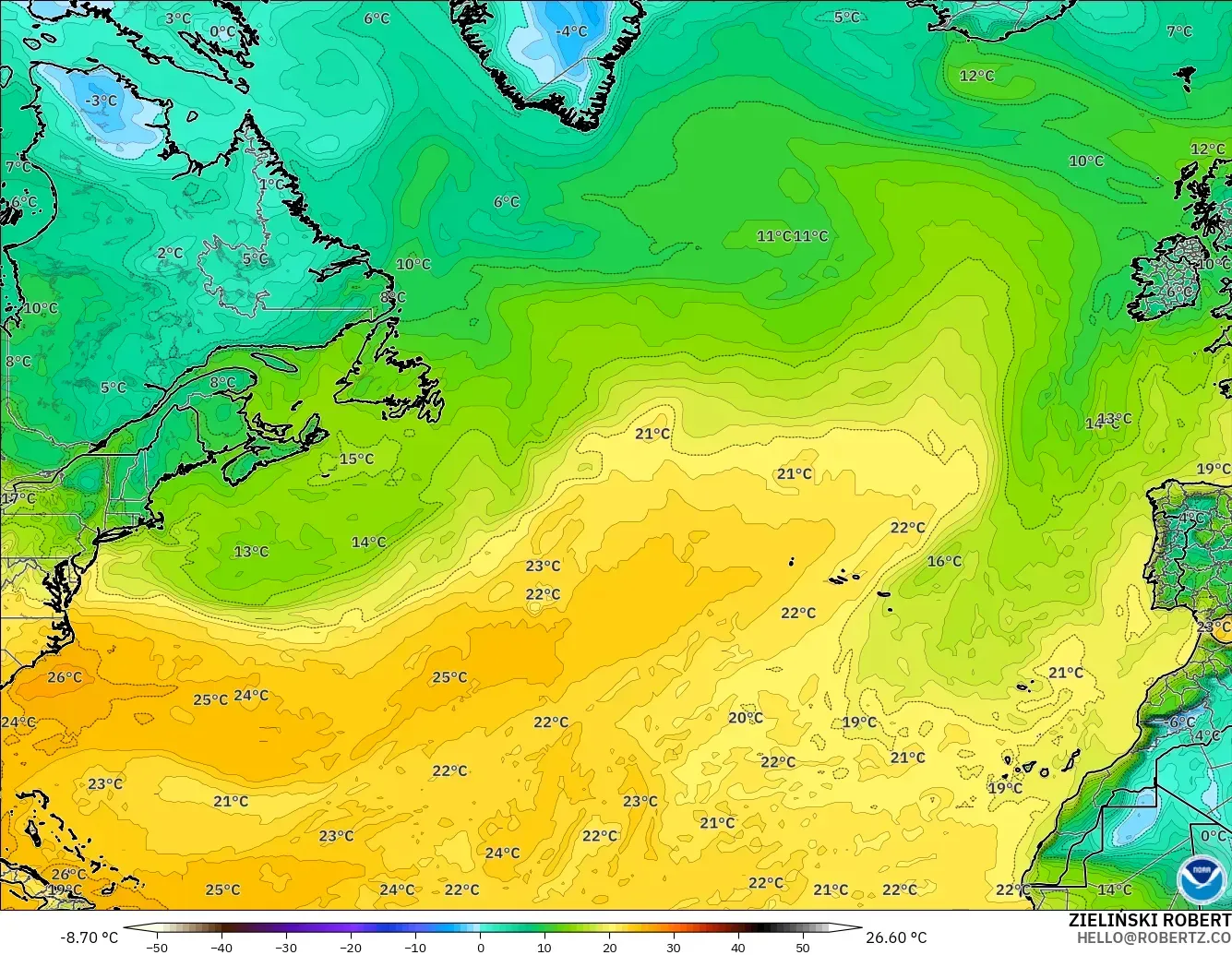 GFS modelo - Norte Atlántico, Punto de rocío a 2 m