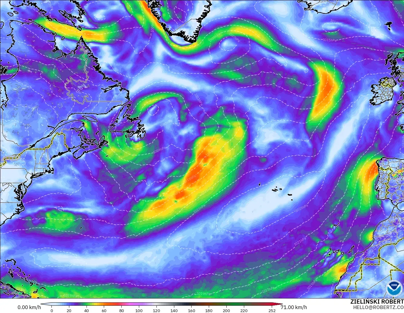 GFS modelo - Norte Atlántico, Ráfagas de viento