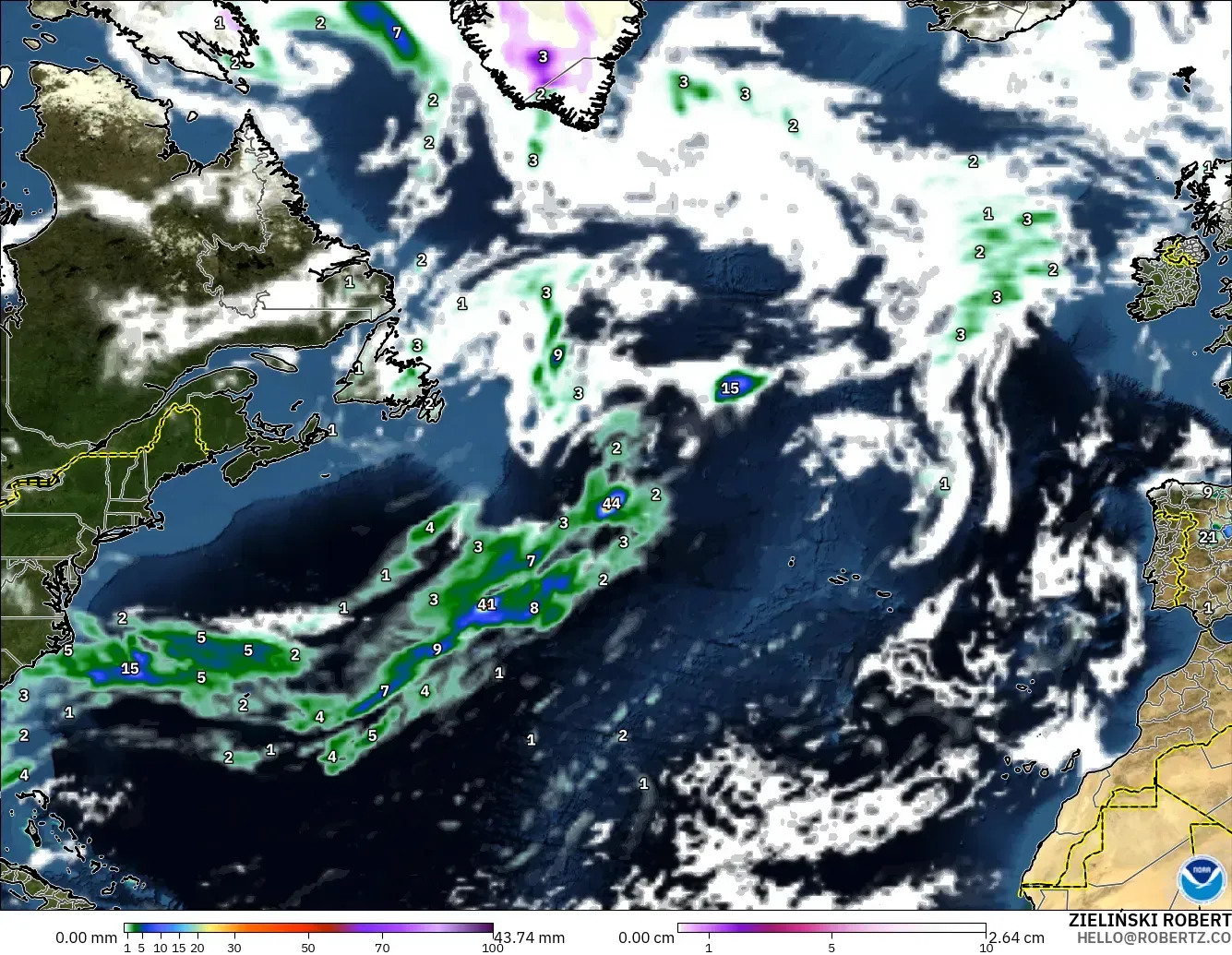 GFS modelo - Norte Atlántico, Precipitación, nubes y presión