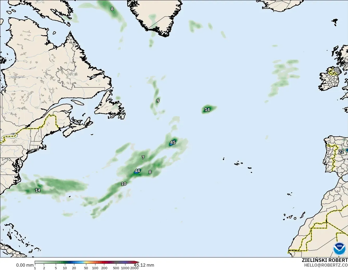 GFS modelo - Norte Atlántico, Acumulación de precipitación
