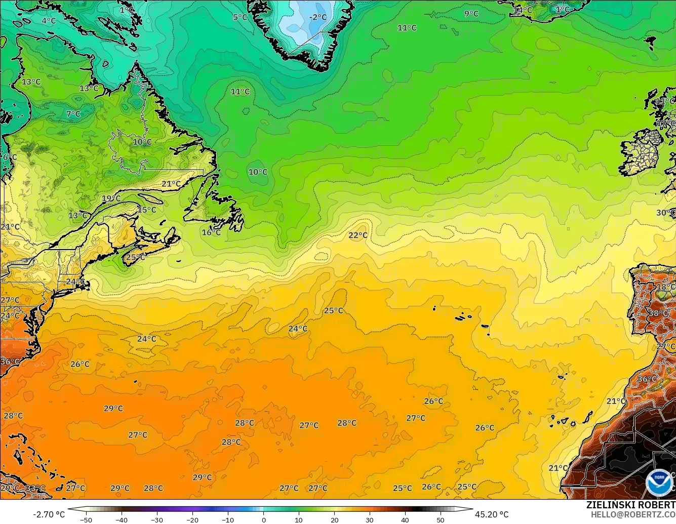 GFS modelo - Norte Atlántico, Temperatura a 2 m