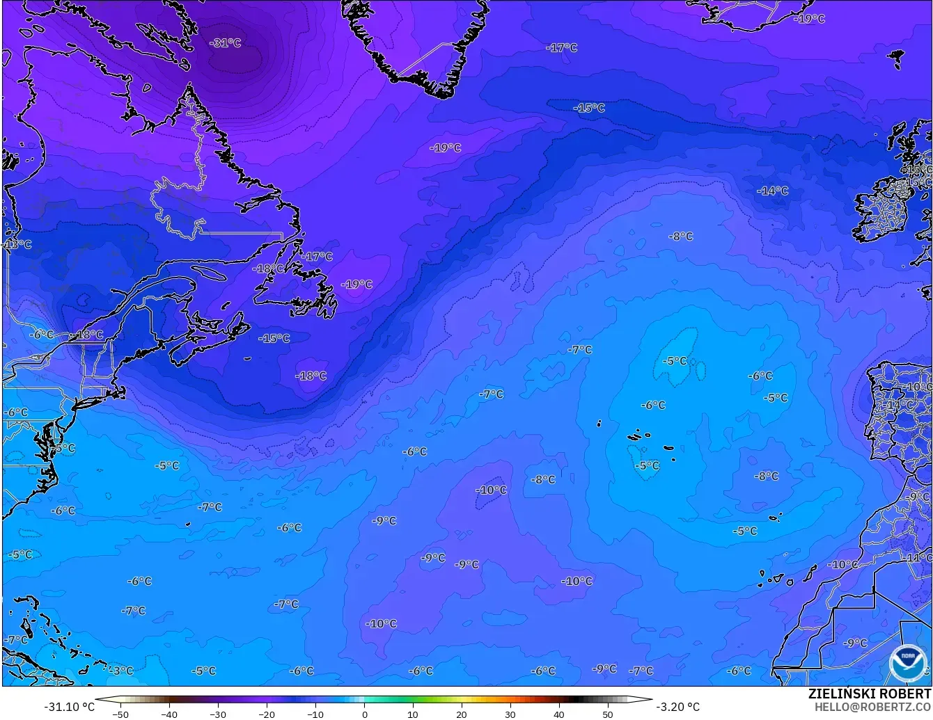 GFS modelo - Norte Atlántico, Temperatura a 500 hPa