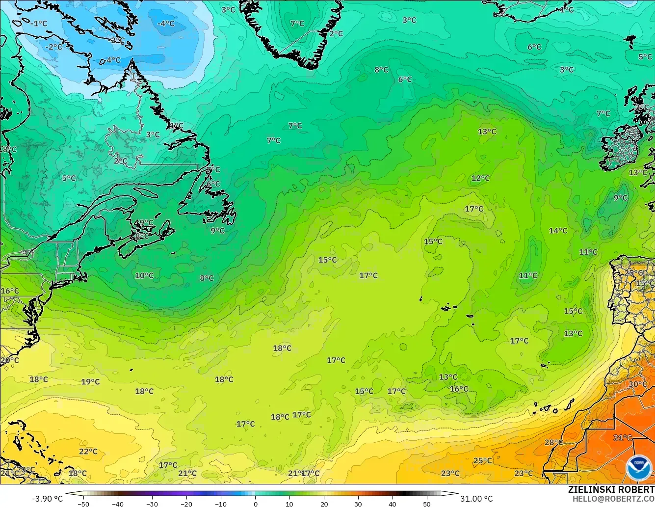 GFS modelo - Norte Atlántico, Temperatura a 850 hPa