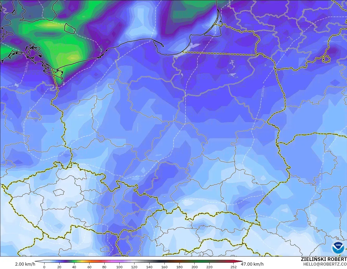 GFS modelo - Polonia, Ráfagas de Viento Máximas