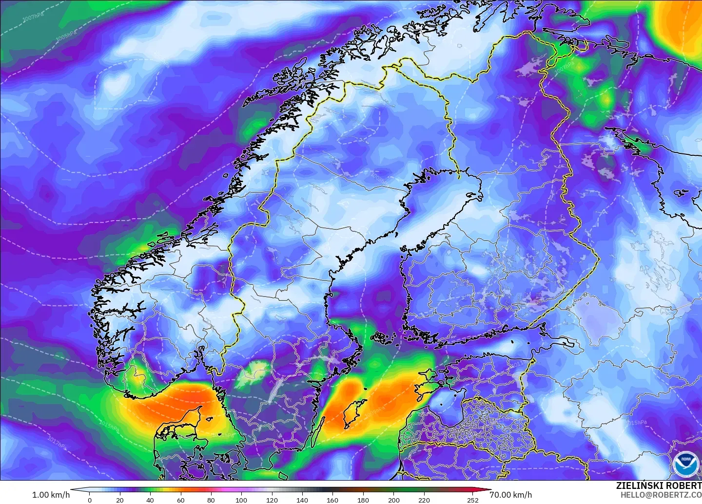 GFS modelo - Escandinavia, Ráfagas de Viento Máximas
