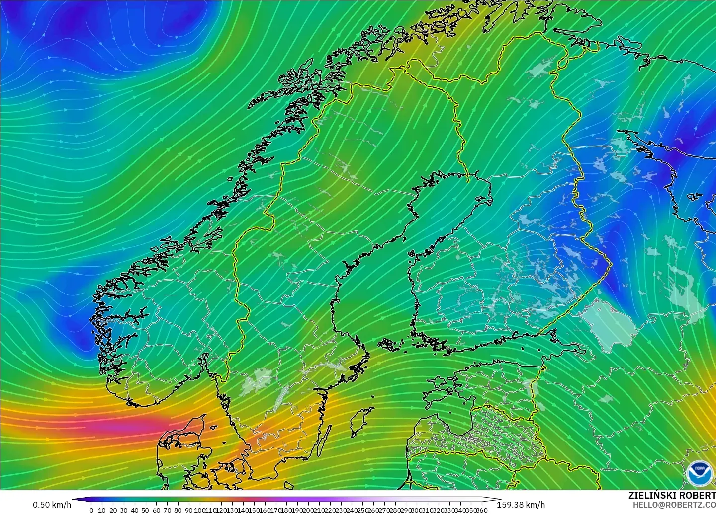 GFS modelo - Escandinavia, Viento a 300 hPa (corriente en chorro)