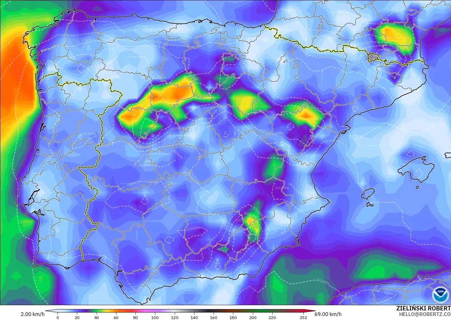GFS modelo - España, Ráfagas de Viento Máximas