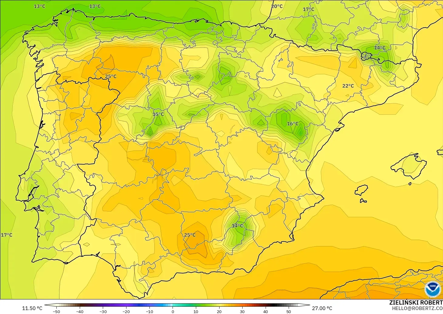 GFS modelo - España, Temperatura a 850 hPa