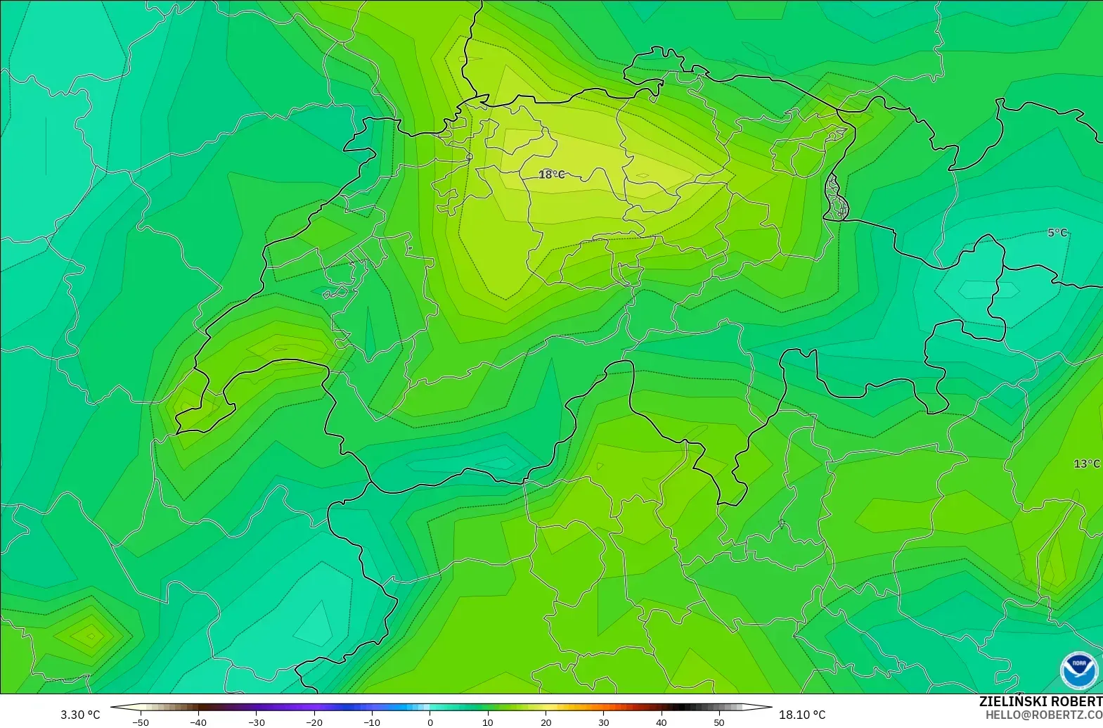 GFS modelo - Suiza, Punto de rocío a 2 m