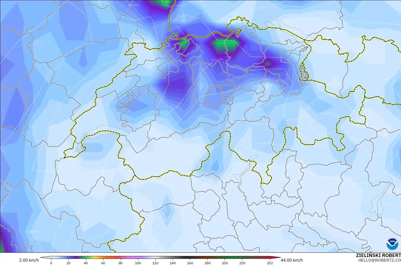 GFS modelo - Suiza, Ráfagas de Viento Máximas