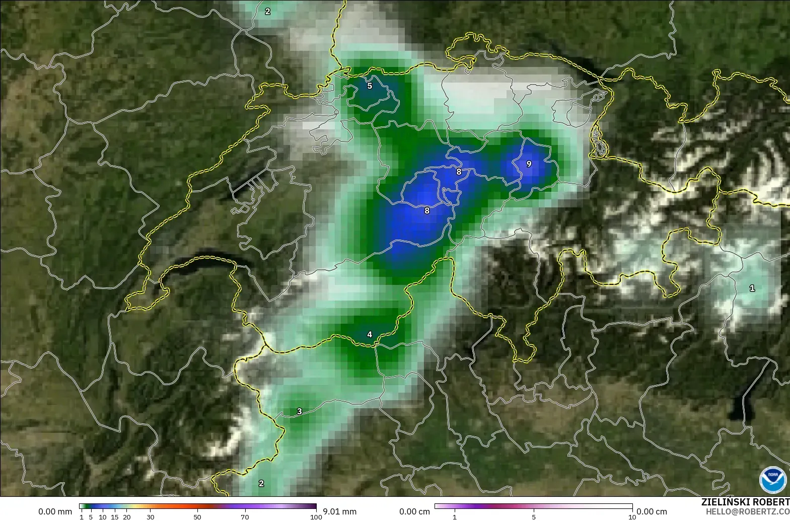 GFS modelo - Suiza, Precipitación, nubes y presión