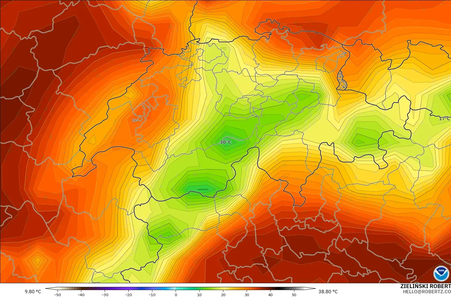 GFS modelo - Suiza, Temperatura a 2 m