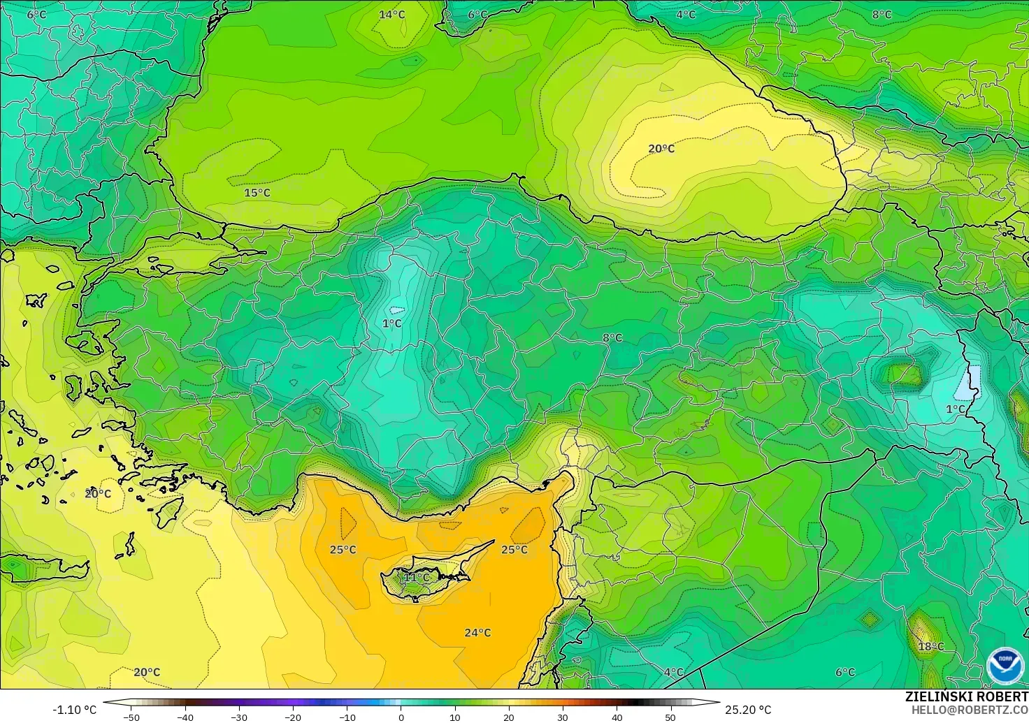 GFS modelo - Turquía, Punto de rocío a 2 m