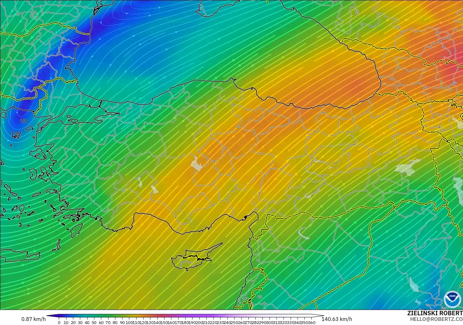 GFS modelo - Turquía, Viento a 300 hPa (corriente en chorro)