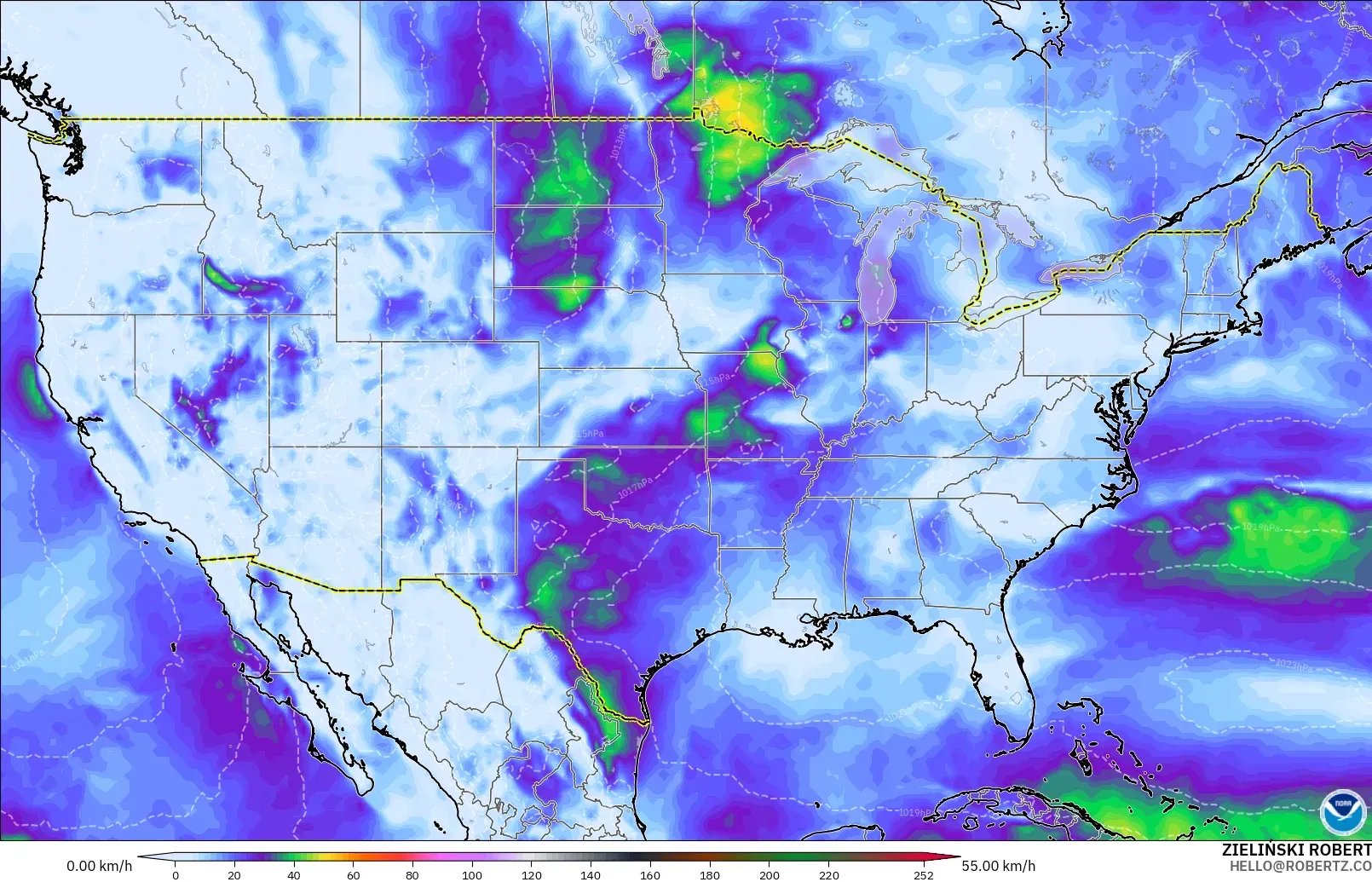 GFS modelo - Estados Unidos, Ráfagas de Viento Máximas