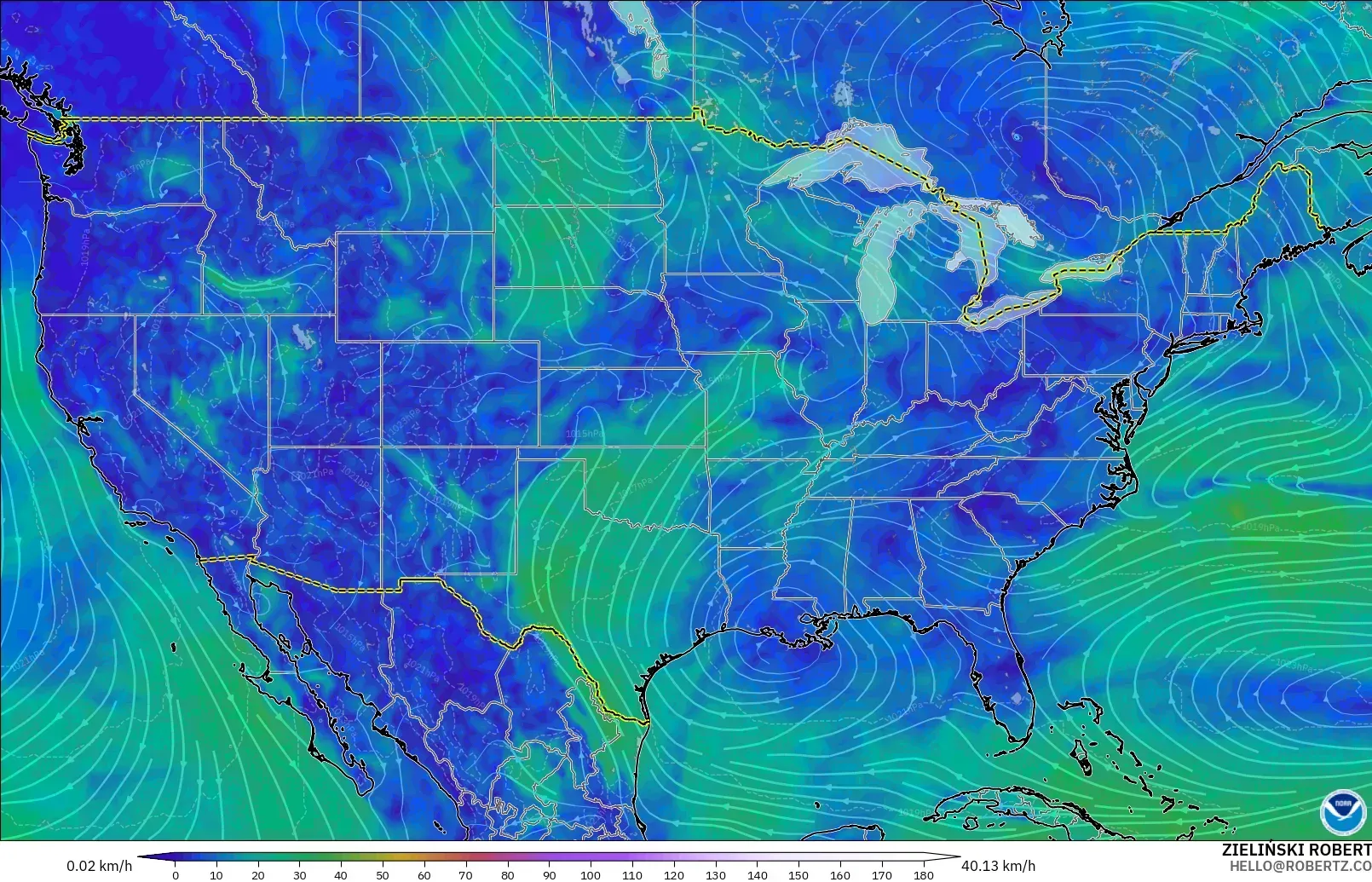 GFS modelo - Estados Unidos, Viento a 10 m
