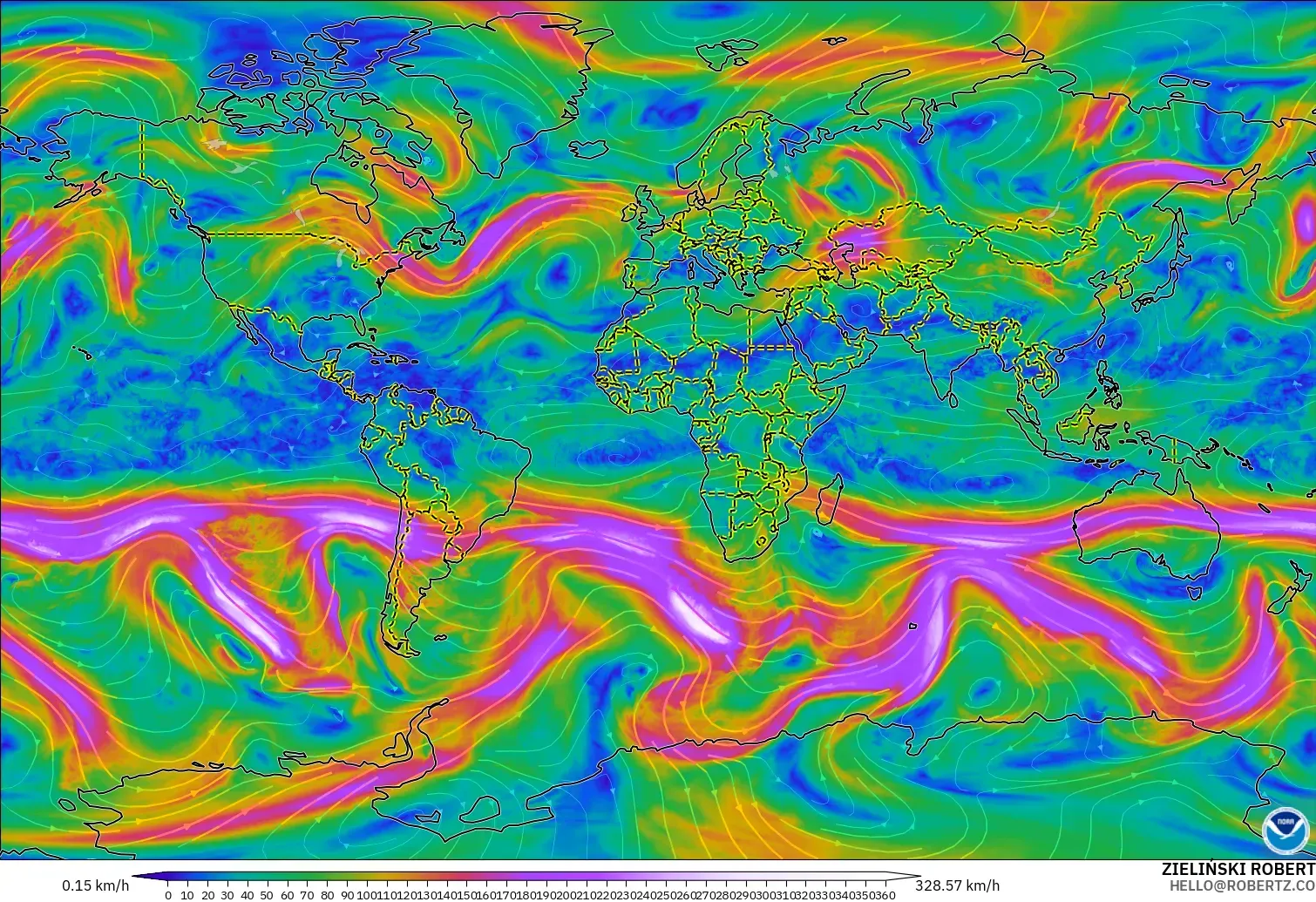 GFS modelo - Mundo, Viento a 300 hPa (corriente en chorro)
