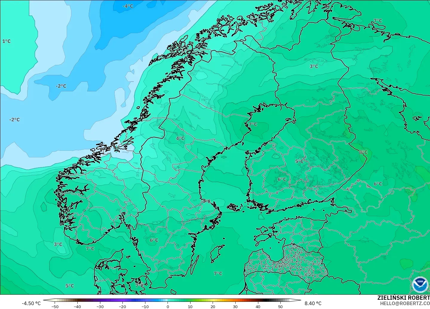 GFS modelo - Escandinavia, Temperatura a 850 hPa