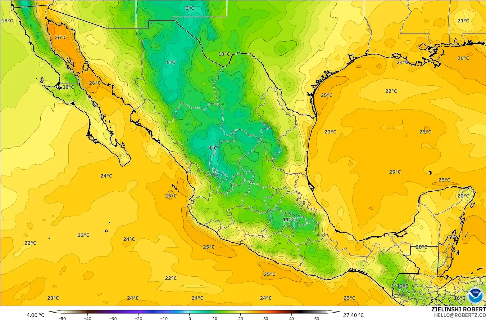 GFS modelo - México, Punto de rocío a 2 m