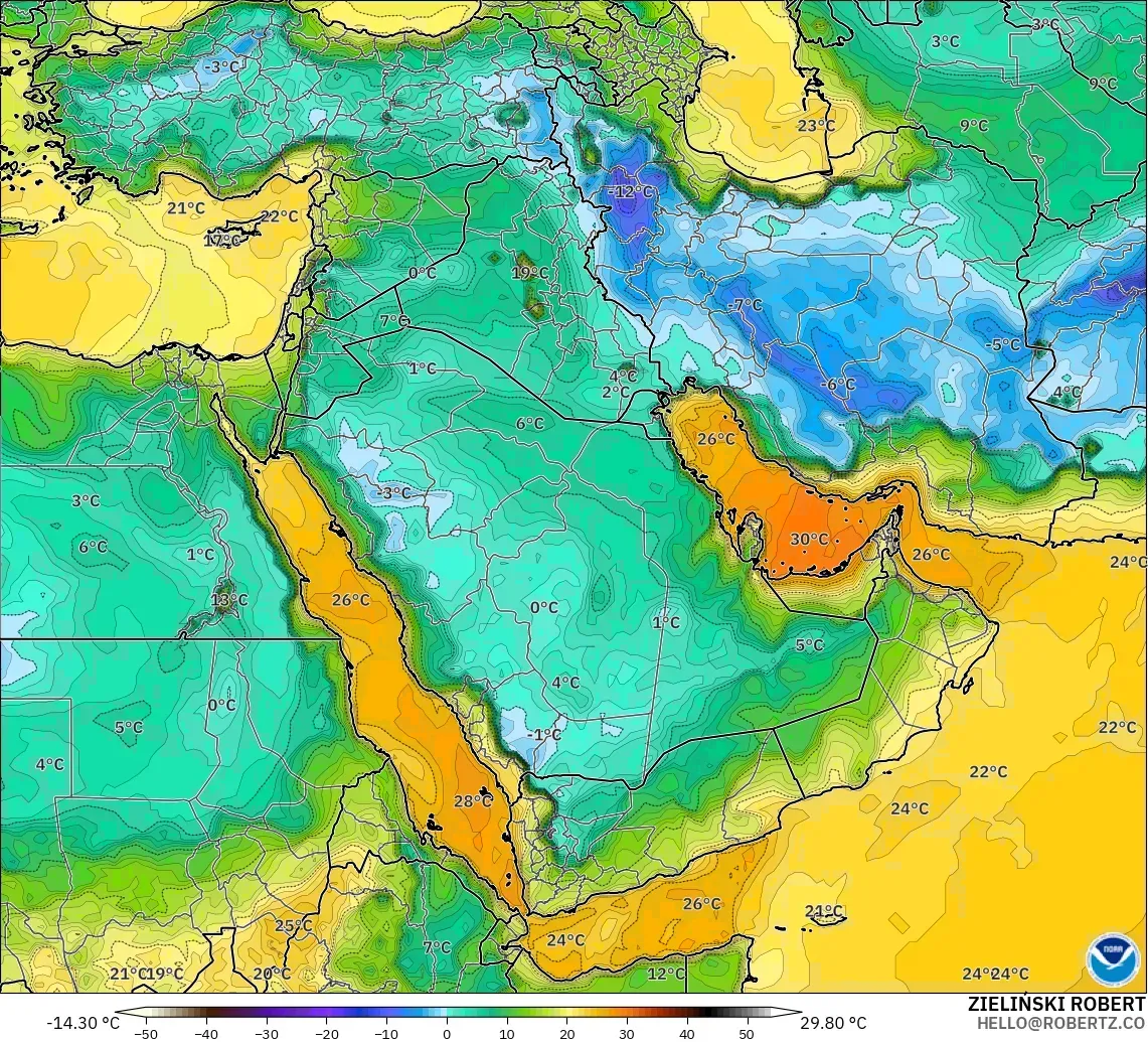 GFS modelo - Oriente Medio, Punto de rocío a 2 m