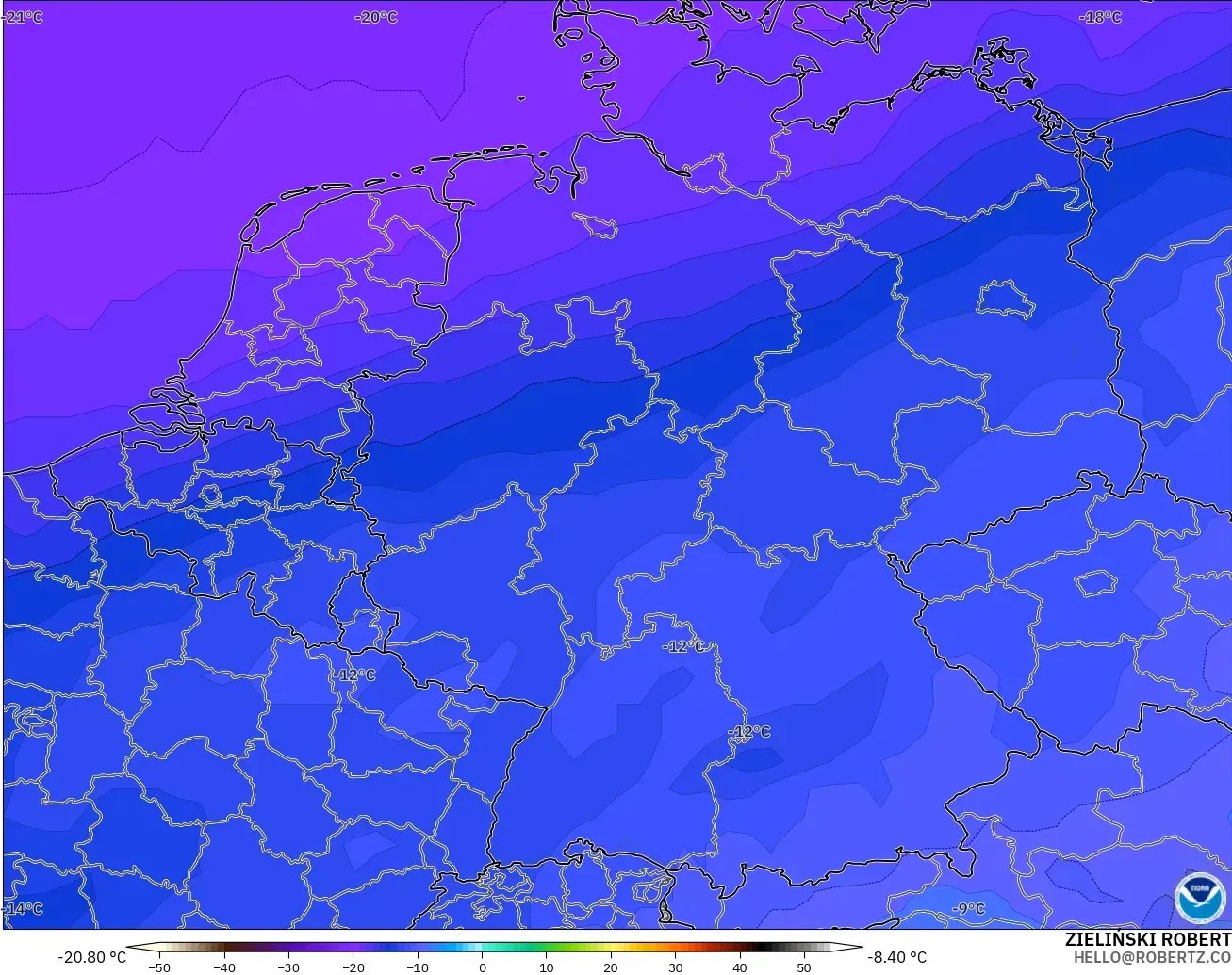 GFS modelo - Alemania, Temperatura a 500 hPa