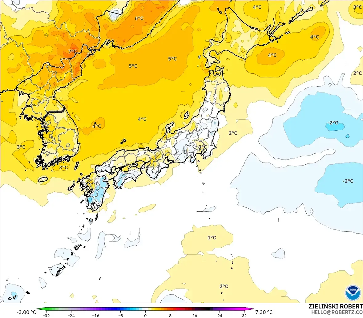 GFS modelo - Japón, Anomalía de temperatura a 2 m