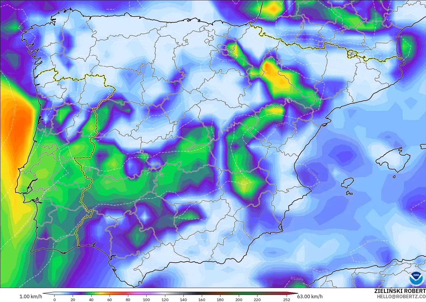 GFS modelo - España, Ráfagas de viento