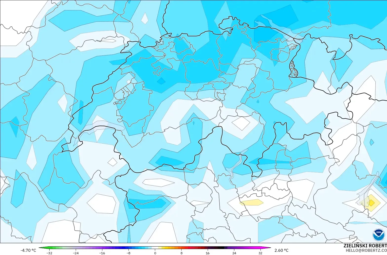 GFS modelo - Suiza, Anomalía de temperatura a 2 m