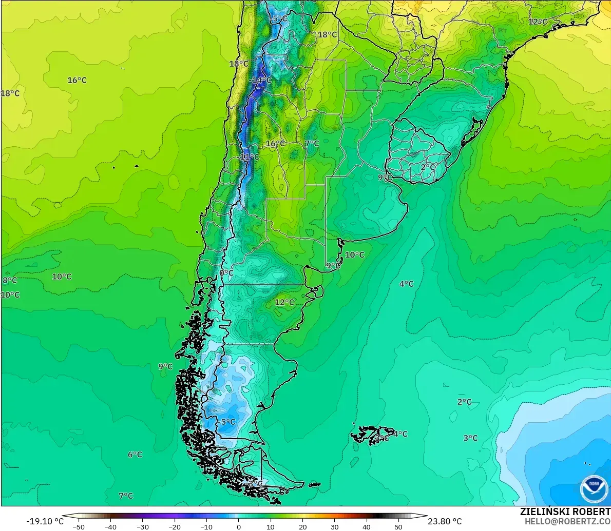 GFS modelo - Argentina, Temperatura a 2 m