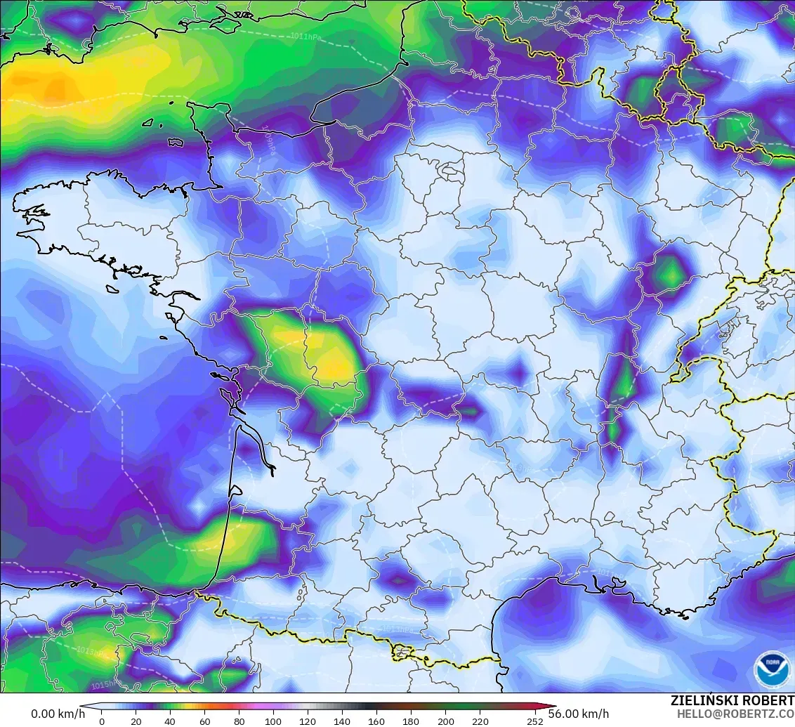 GFS modelo - Francia, Ráfagas de Viento Máximas
