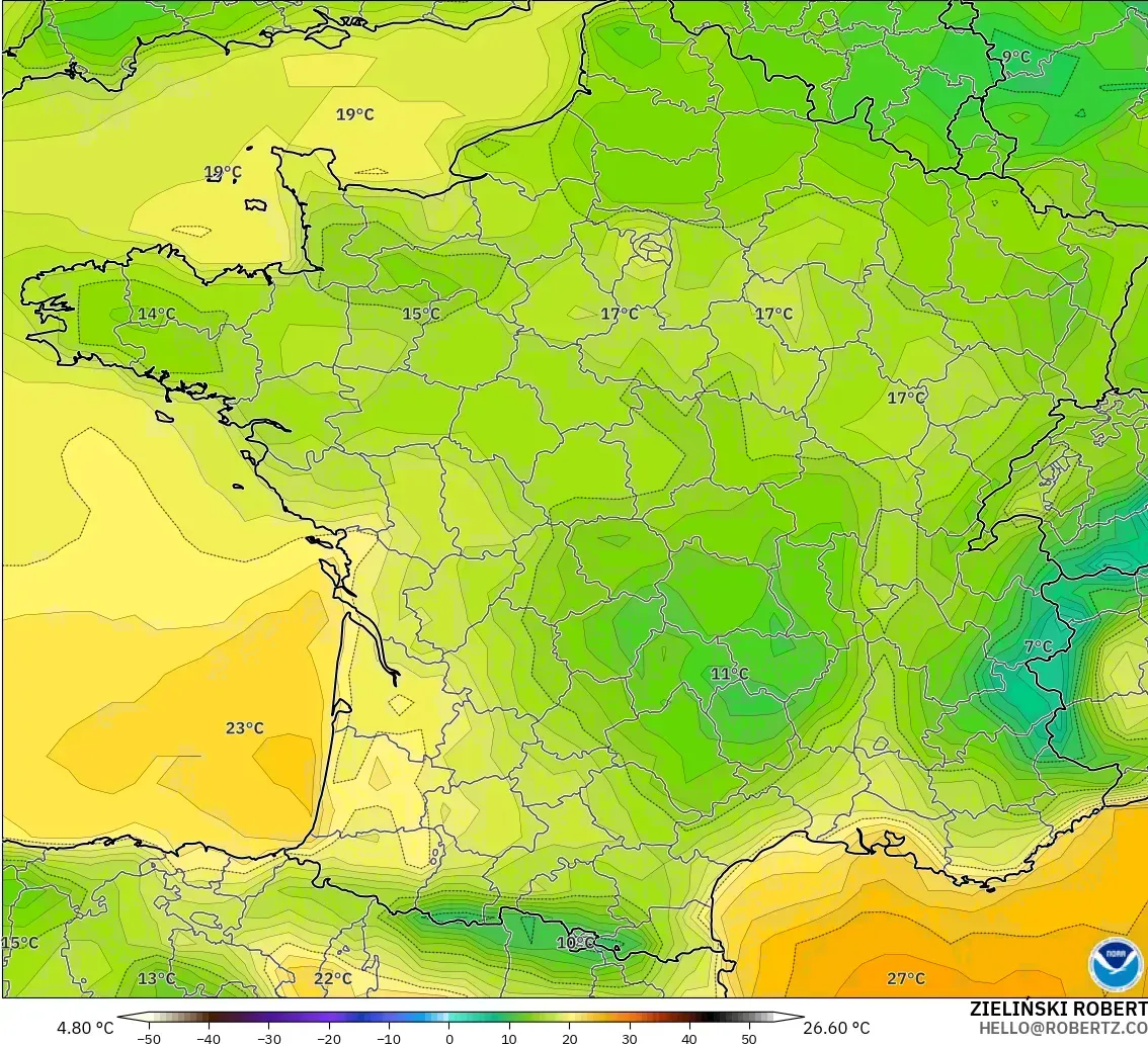 GFS modelo - Francia, Temperatura a 2 m