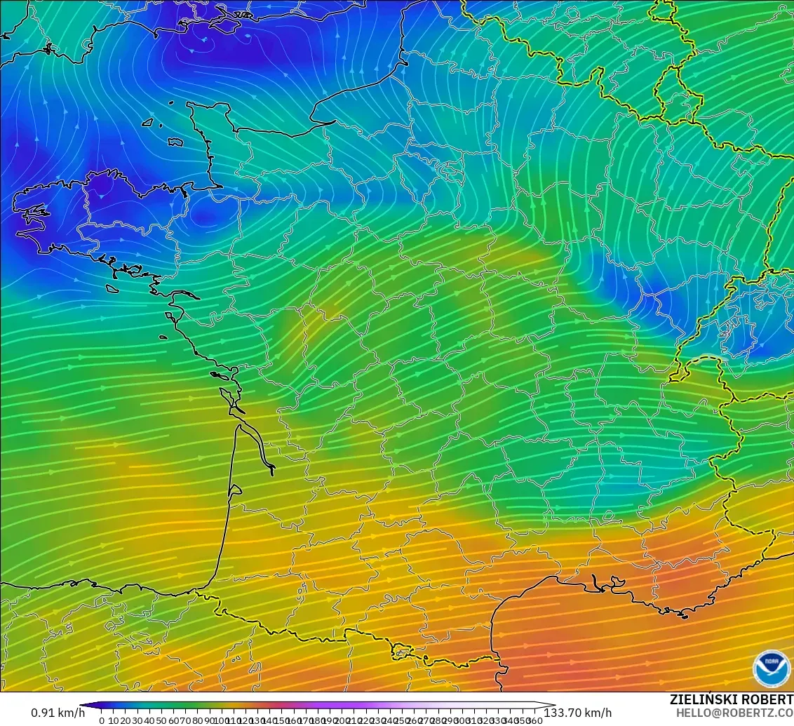 GFS modelo - Francia, Viento a 300 hPa (corriente en chorro)