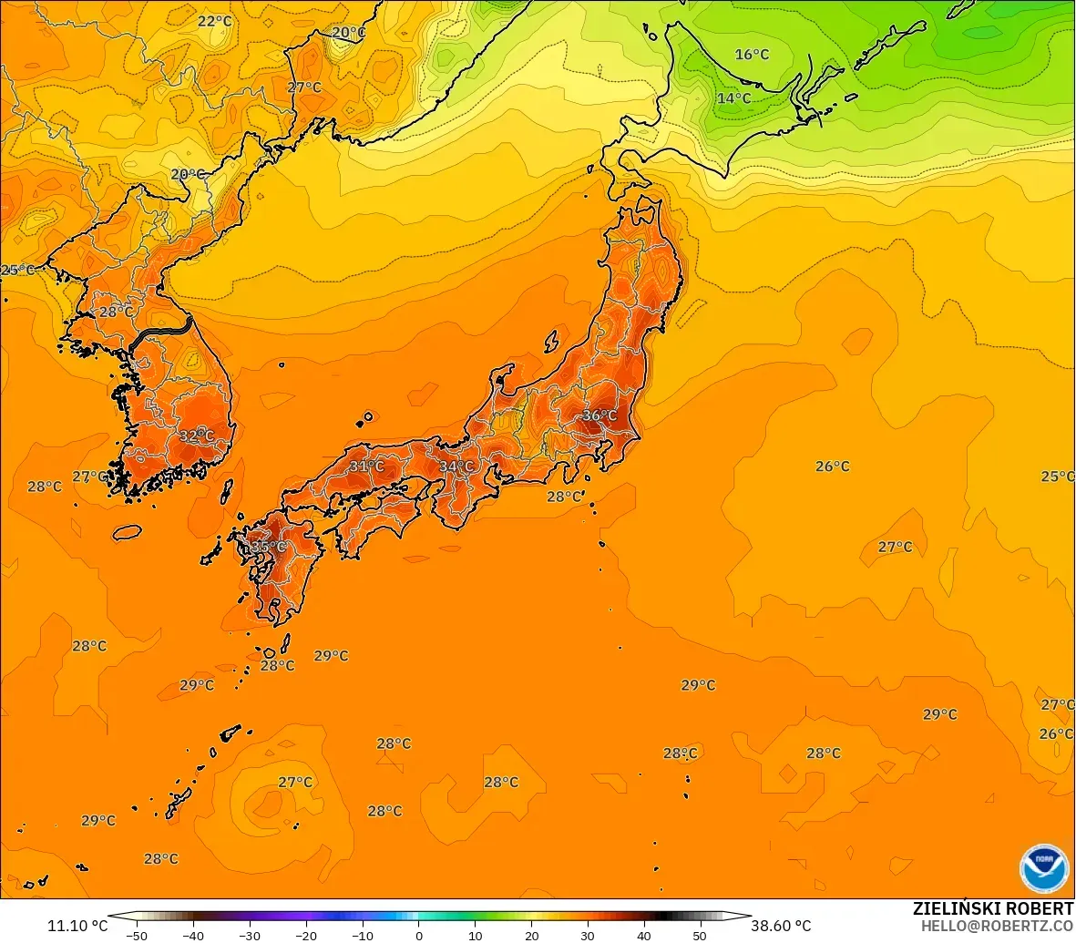GFS modelo - Japón, Temperatura a 2 m