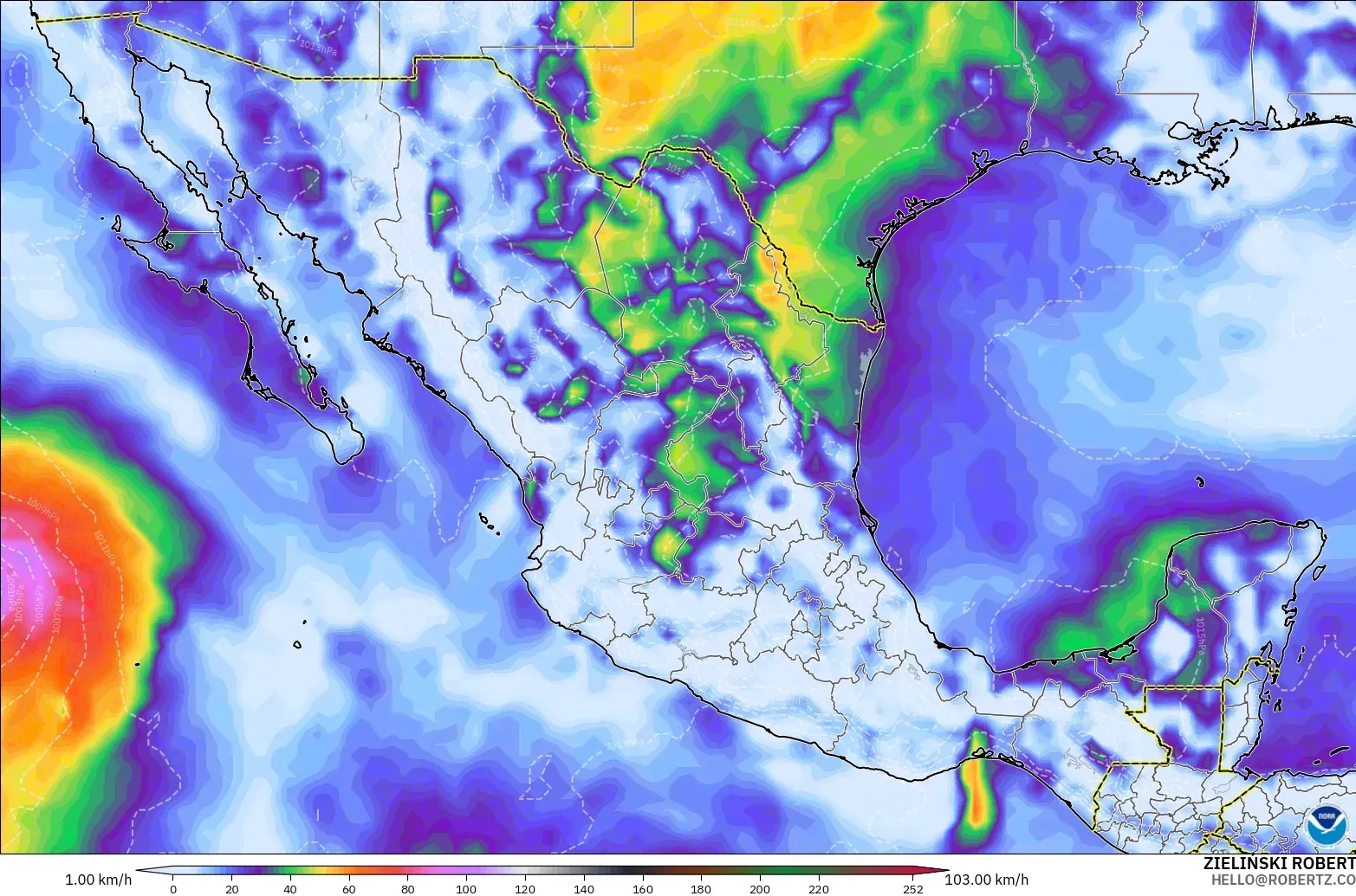 GFS modelo - México, Ráfagas de viento