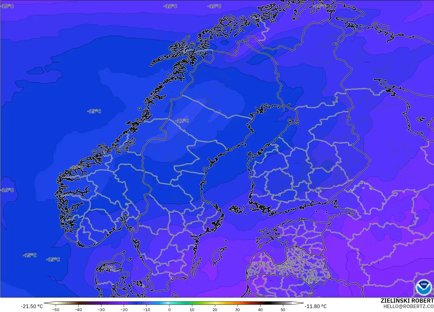 GFS modelo - Escandinavia, Temperatura a 500 hPa