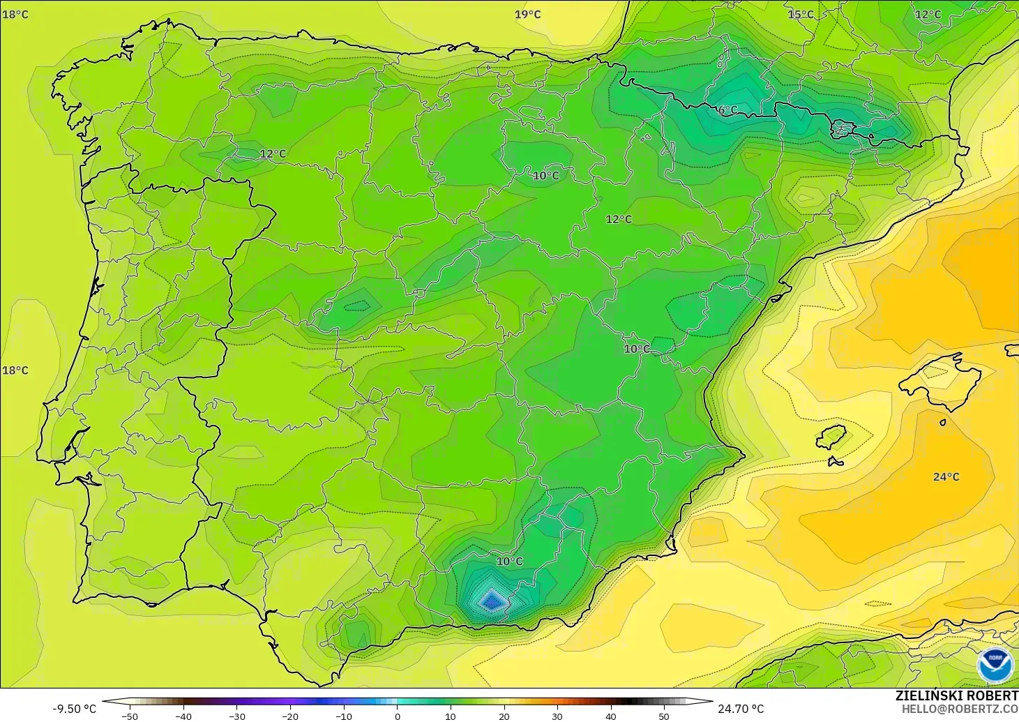 GFS modelo - España, Punto de rocío a 2 m