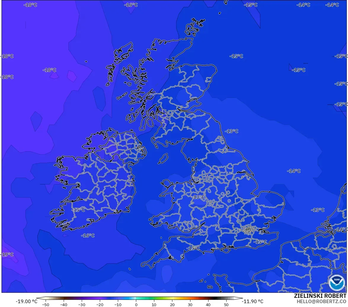 GFS modelo - Reino Unido, Temperatura a 500 hPa