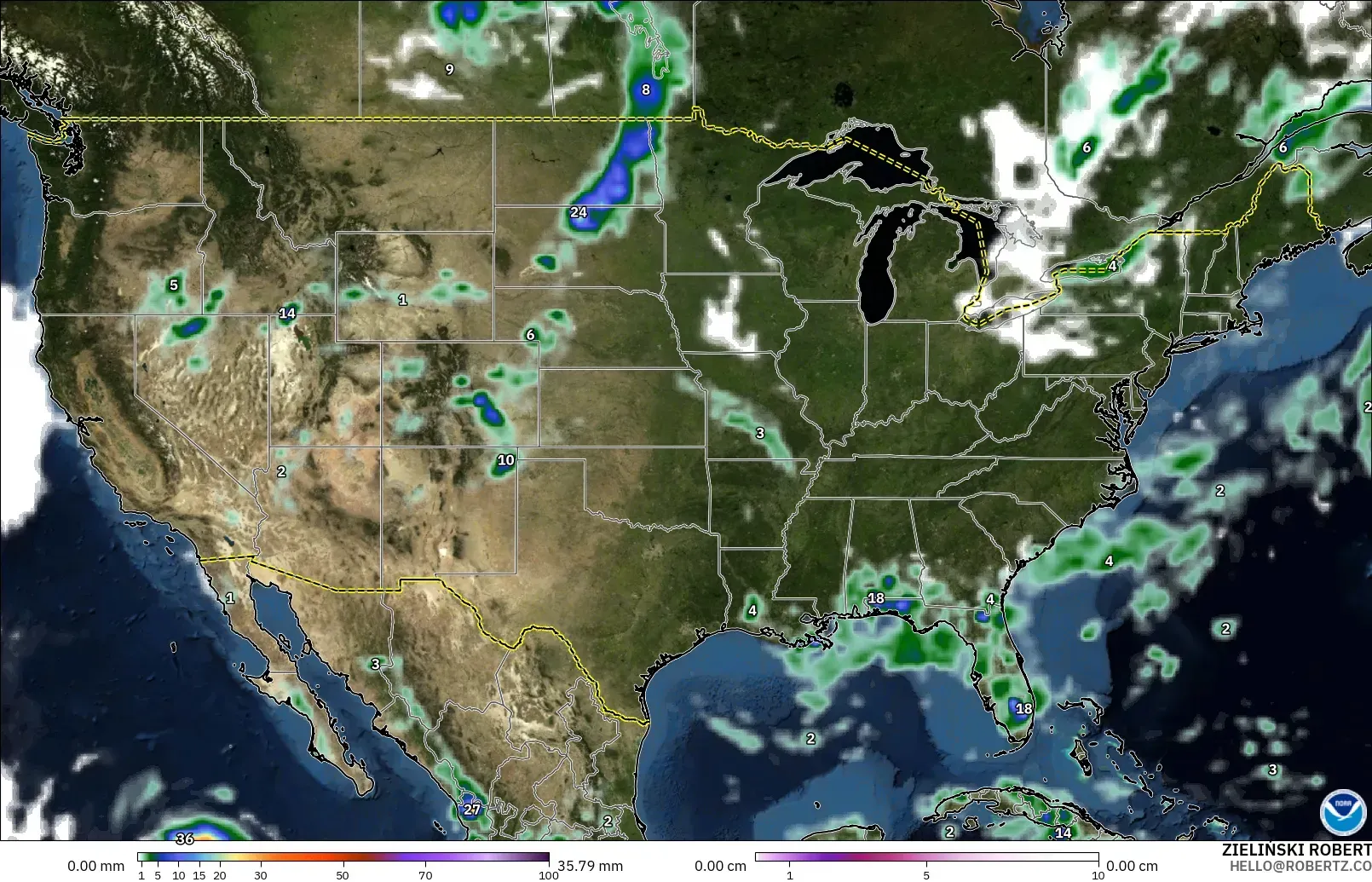 GFS modelo - Estados Unidos, Precipitación, nubes y presión