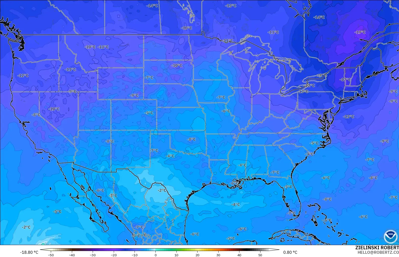 GFS modelo - Estados Unidos, Temperatura a 500 hPa