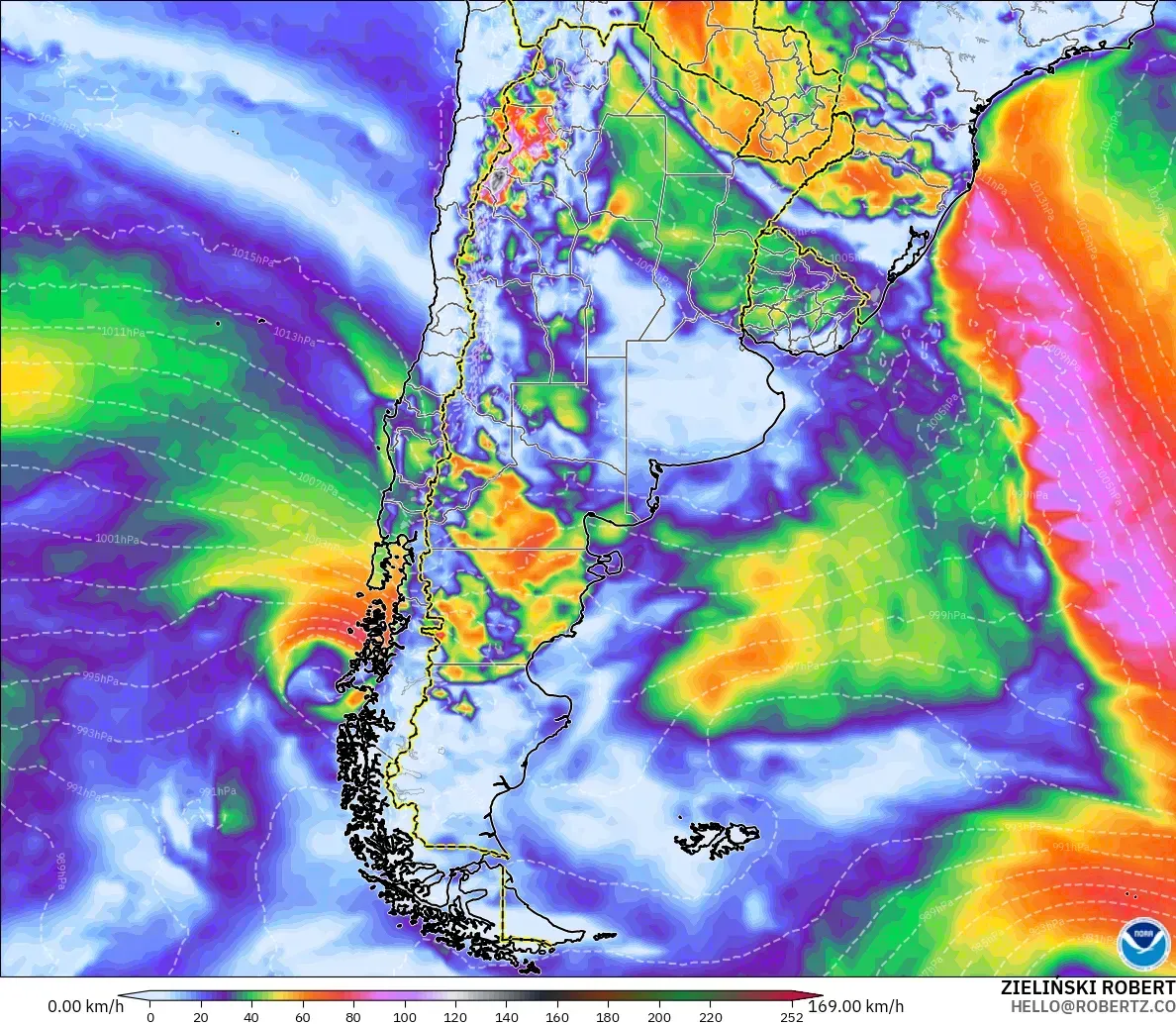 GFS modelo - Argentina, Ráfagas de viento