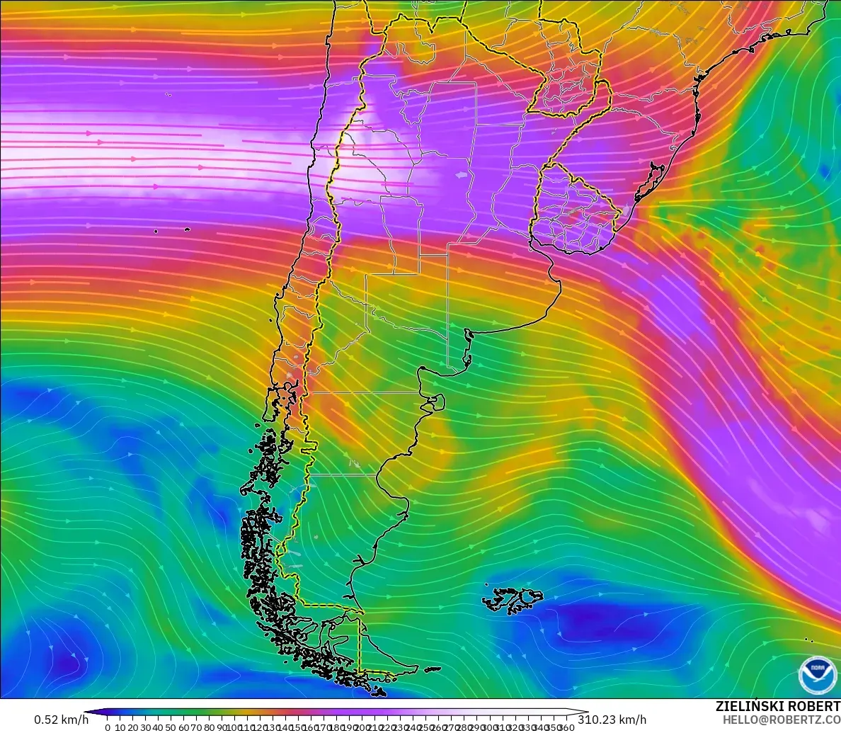 GFS modelo - Argentina, Viento a 300 hPa (corriente en chorro)