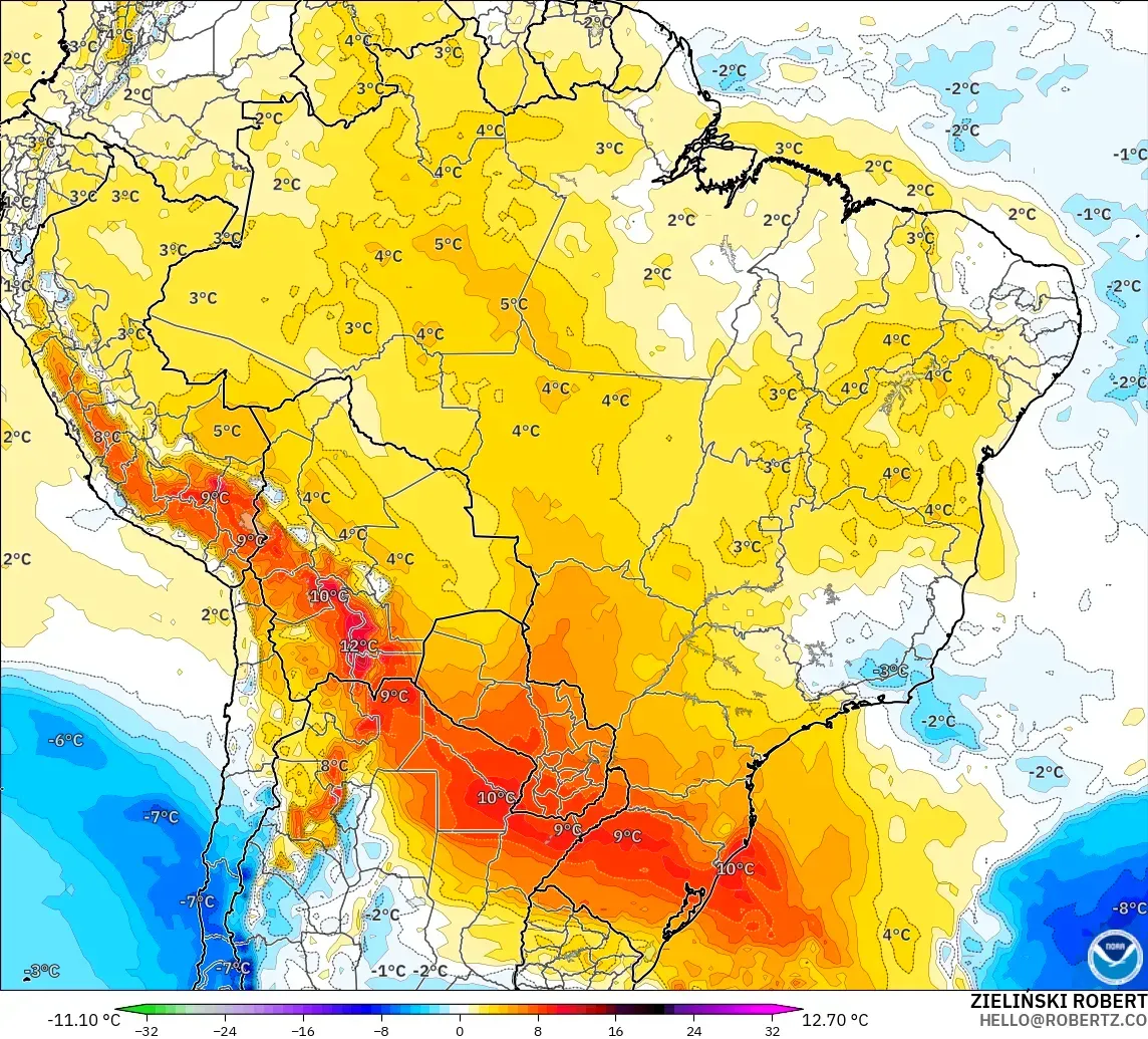 GFS modelo - Brasil, Anomalía de temperatura a 850 hPa